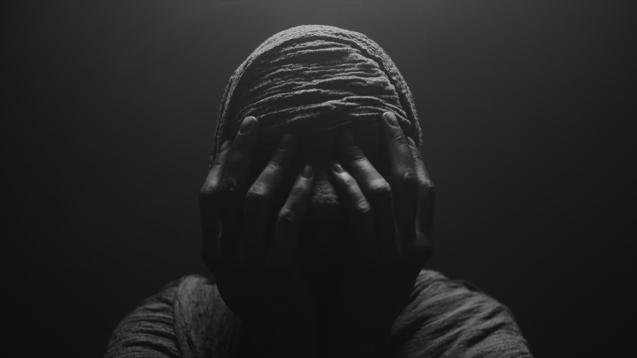 A mummified woman against the dark background in keeps her hands on her face the powerful pose full of despair