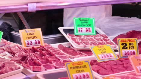 various meats displayed with price tags