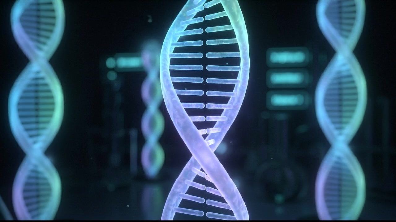 Ambiente di laboratorio futuristico con proiezioni verticali multiple di DNA luminoso