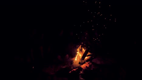 embers float into the night sky as people sit around a campfire