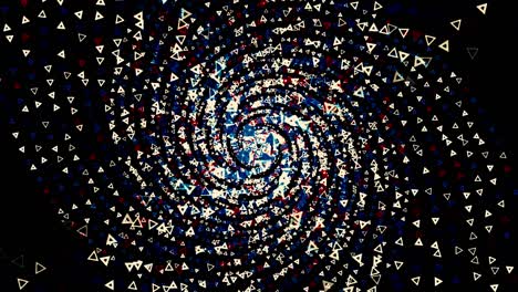 abstracto impresionante ilusión óptica psicodélica de triángulos sobre fondo negro. animación. cayendo arrojó la colorida espiral giratoria a lo largo de filas verticales de figuras en 3d