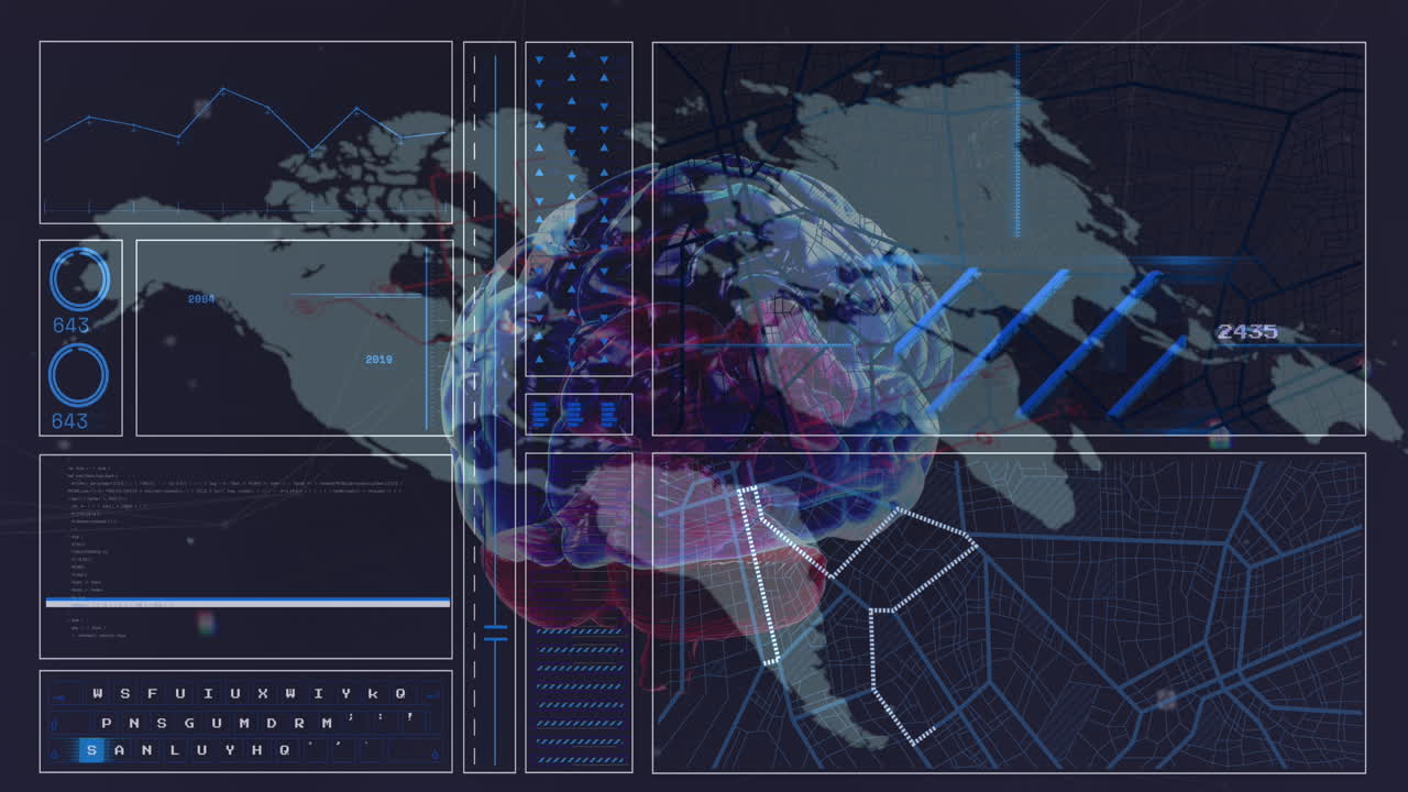 Animation of data processing and digital brain over world map