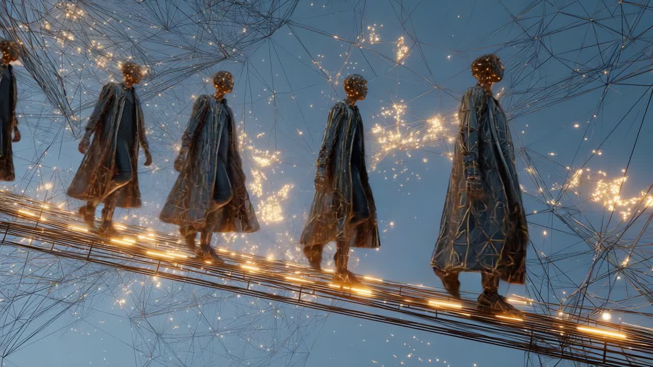 AI Figures Walking on Digital Bridge