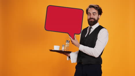 elegant waiter holds speech bubble icon