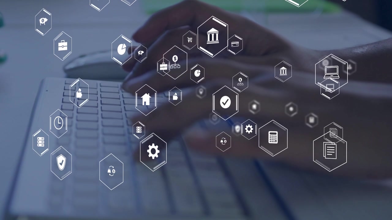 Hands Typing on Keyboard with Animated Digital Business Icons