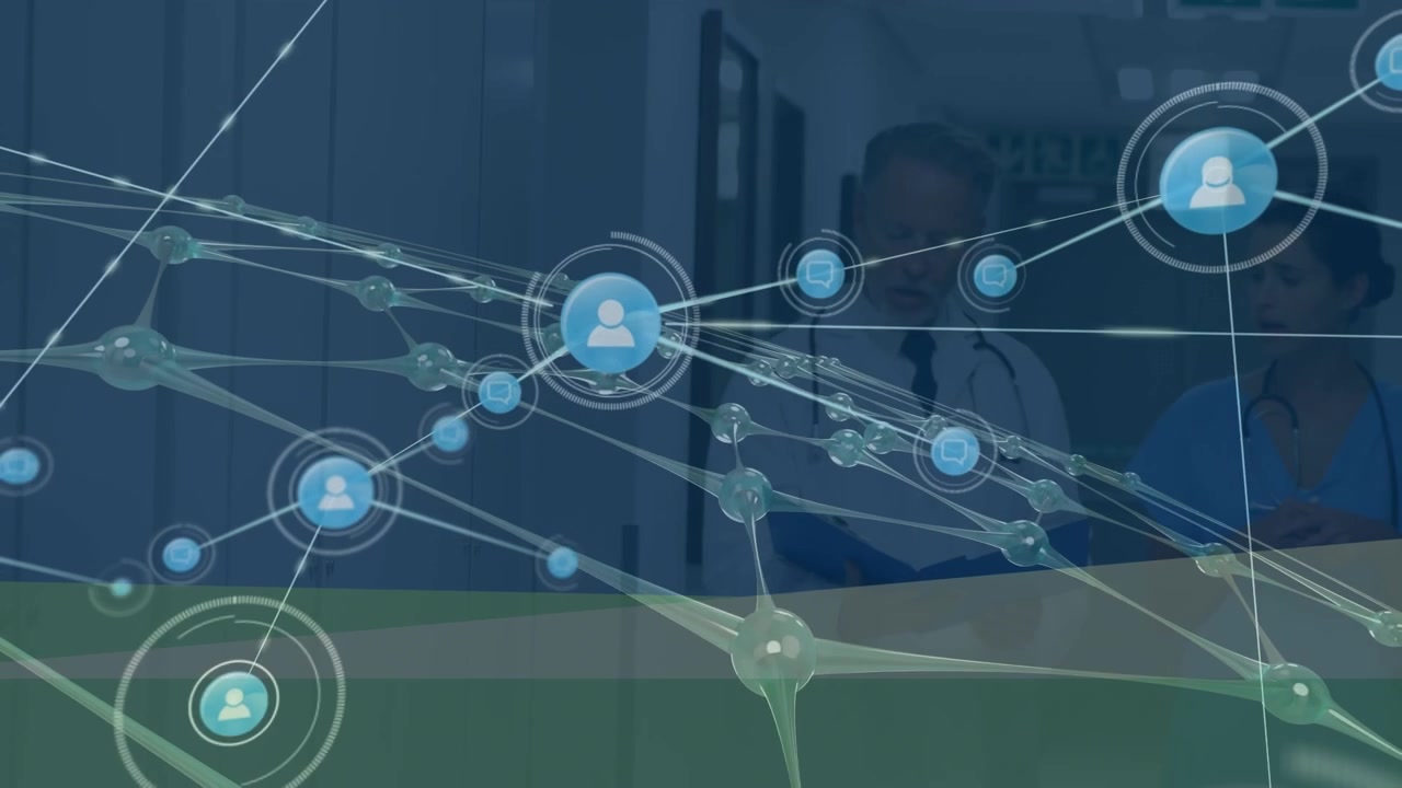 Medical Professionals Discussing with Digital Communication Network Overlay