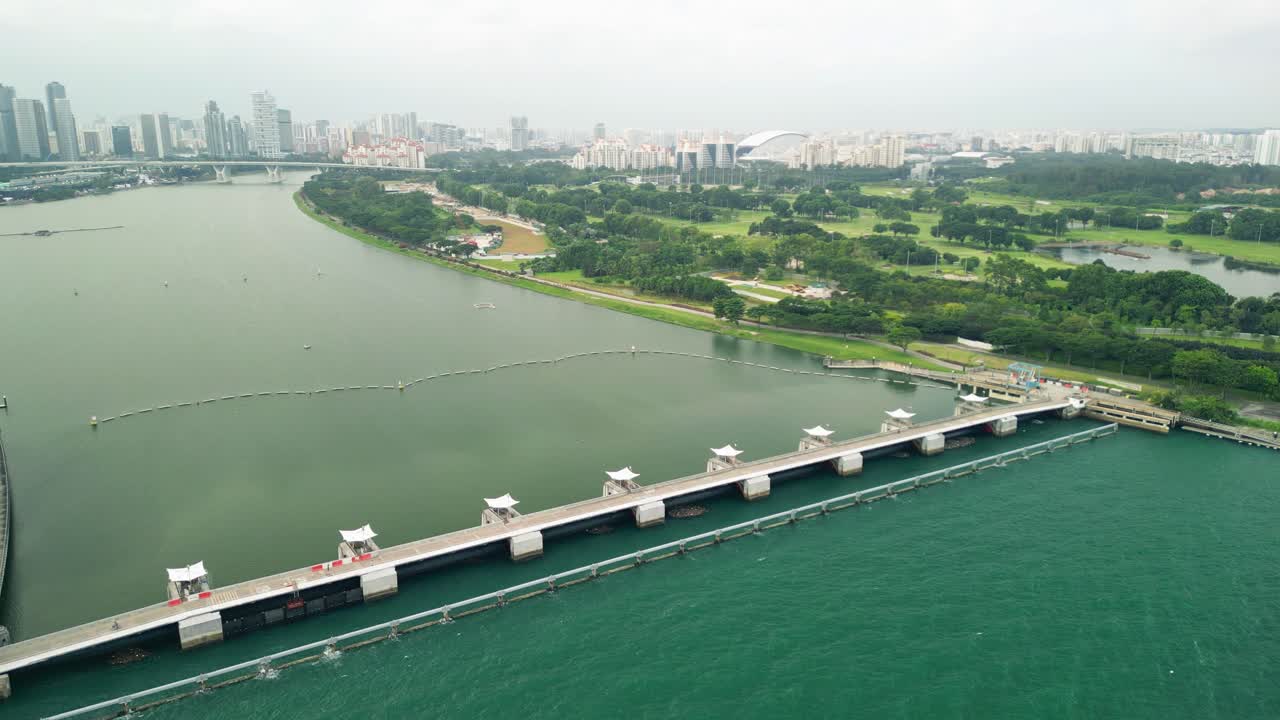 Drone view of the Marina Barrage dam in Singapore