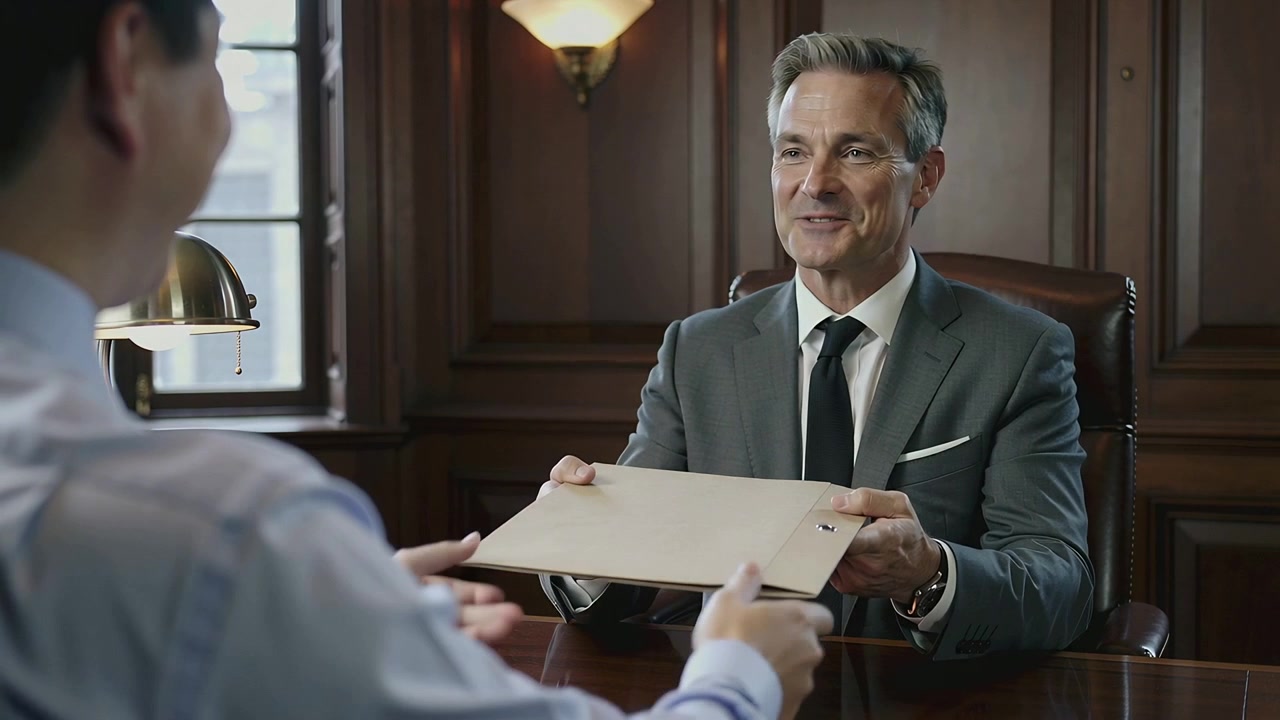 Receiving seated man in grey suit taking manila folder at executive desk, as colleague presenting