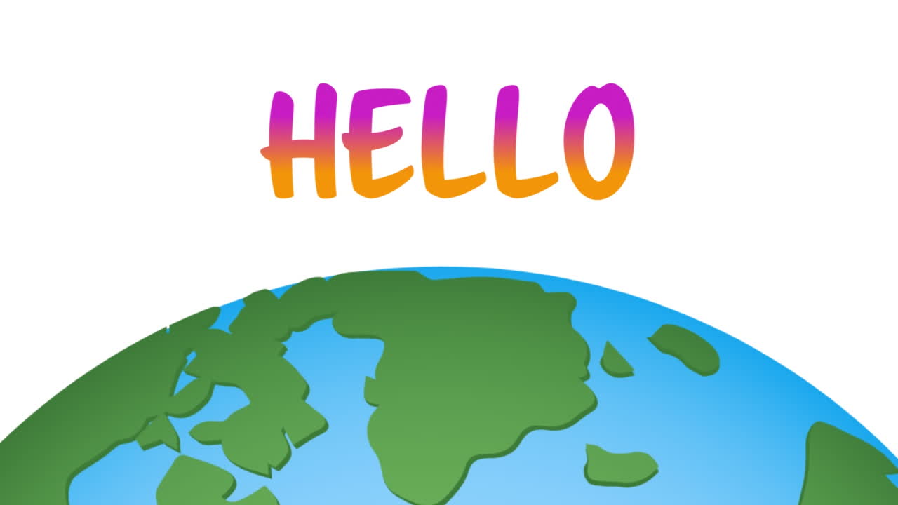 Animation of hello text over globe on white background