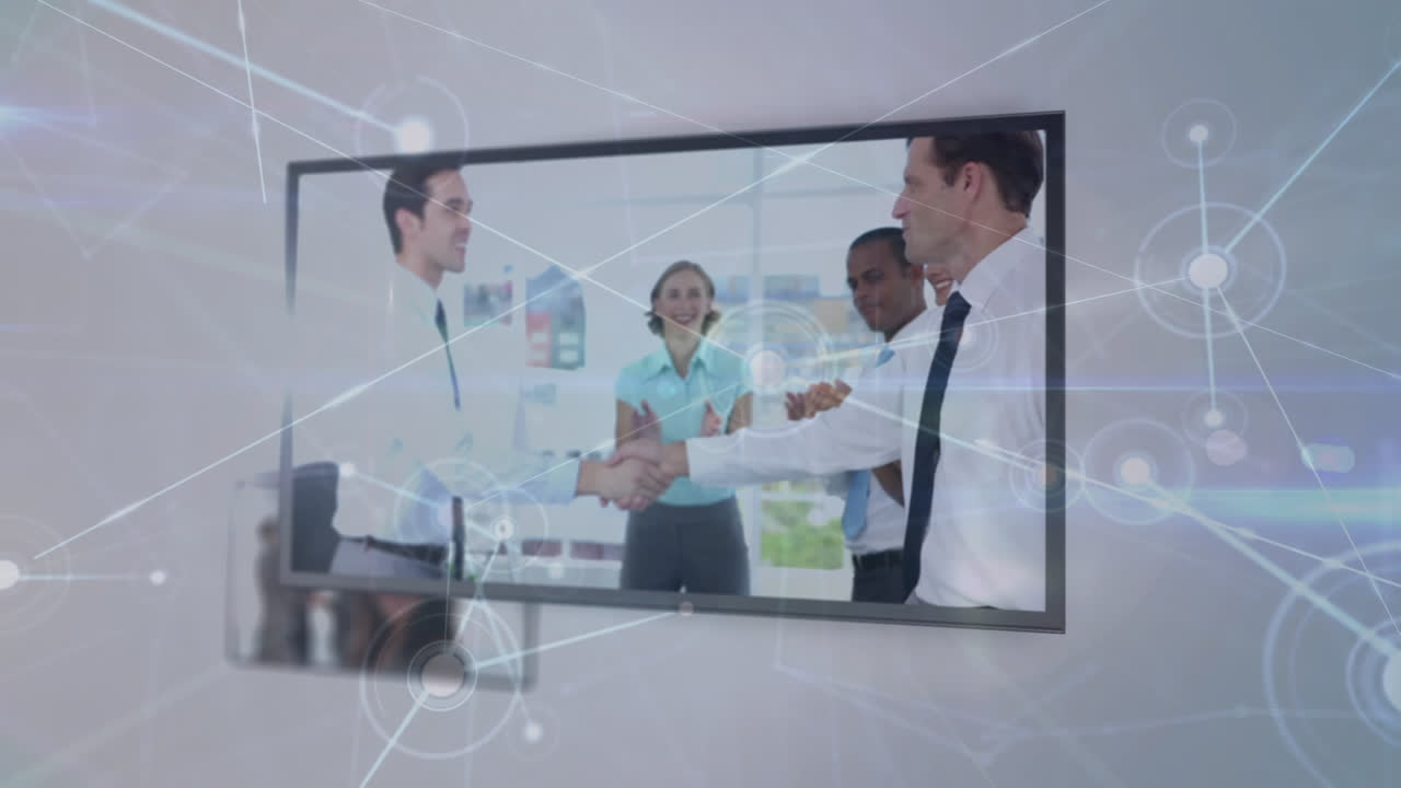 색 배경에 있는 사업가들과 함께 여러 데스크에서 연결된 점들의 애니메이션