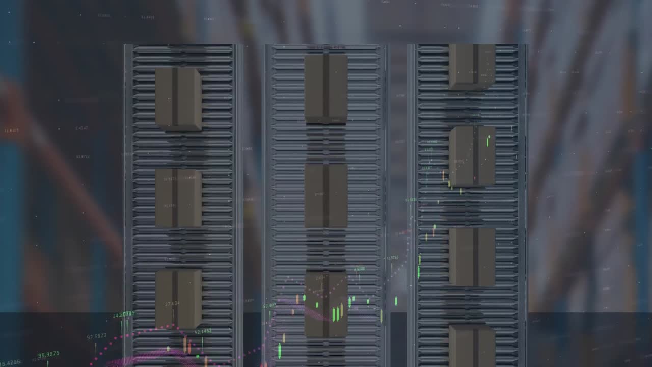 animación del procesamiento de estadísticas sobre cajas de cartón en cintas transportadoras en el fondo