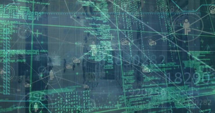 Animation of digital interface with network of connections over server room