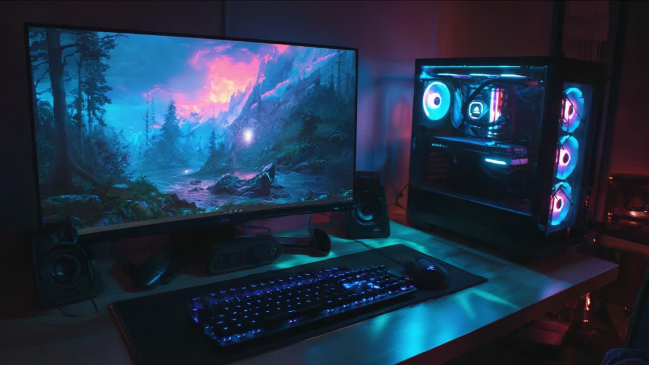 A Stunning Gaming Setup Featuring a Vibrant Gaming Monitor Displaying a Scenic Landscape with Captivating Lighting and High-Tech PC Components