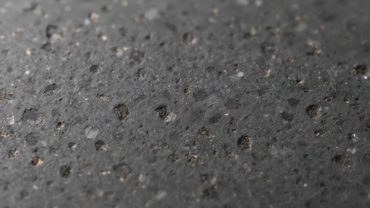 Shifting lens revealing pitted dark surface in macro closeup, showing pits and reflective flecks