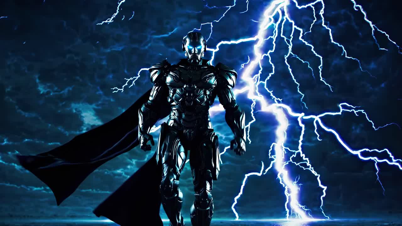 superhéroe robótico en una poderosa tormenta