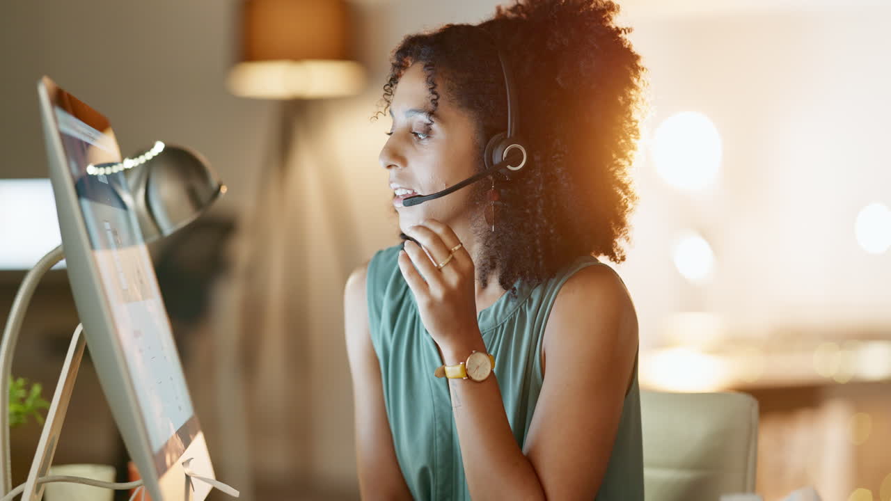 Computer screen, crm or woman in call center