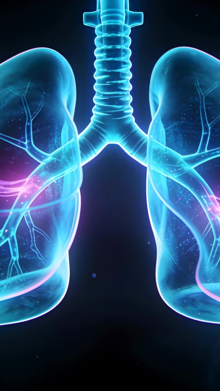 Vertical video: Forming cyan trachea sparking lungs pulsing pink along bronchi in lab showing flow