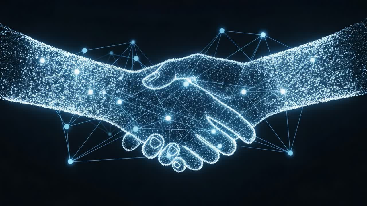 A Futuristic Depiction of a Digital Handshake Symbolizing Cooperation and Connection Through Technology and Innovation in a Networked World