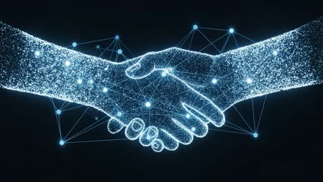 a futuristic depiction of a digital handshake symbolizing cooperation and connection through technology and innovation in a networked world