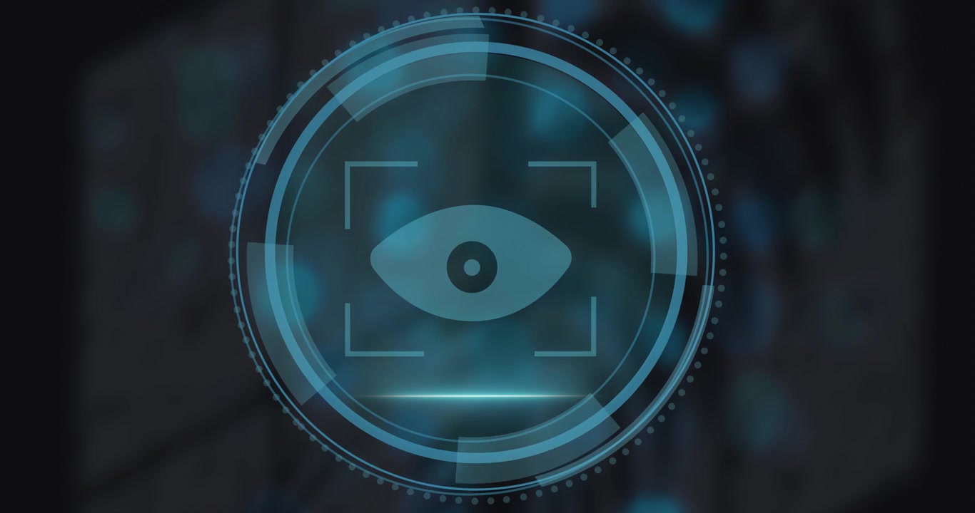On 'Cyber Security' reveal, circular HUD forming rings, revealing eye, scanning line for monitoring