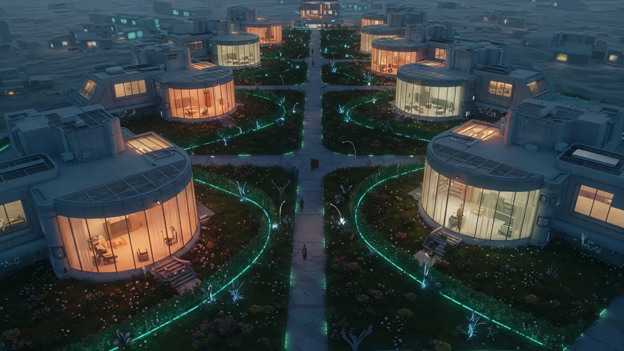Aerial View of a Modern Neighborhood Featuring Circular Homes Surrounded by Lush Gardens and Soft Ambient Lighting in a Dusk Setting