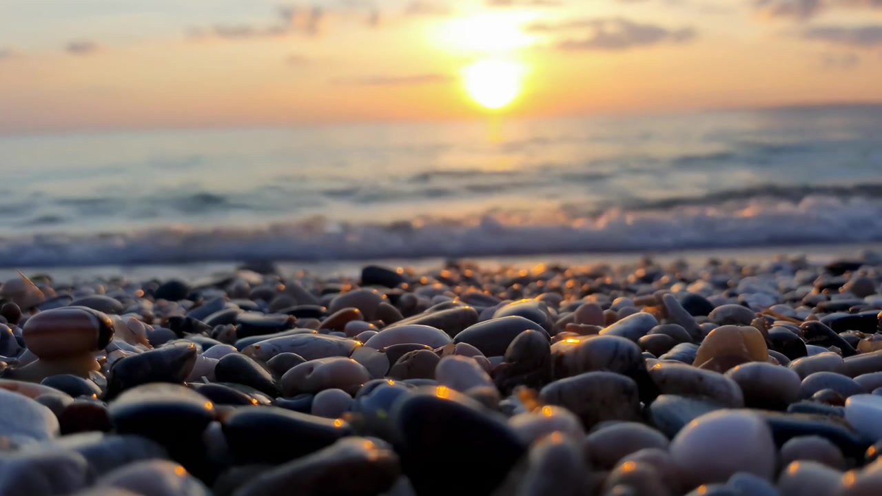 Tramonto su spiaggia di ciottoli con onde leggere