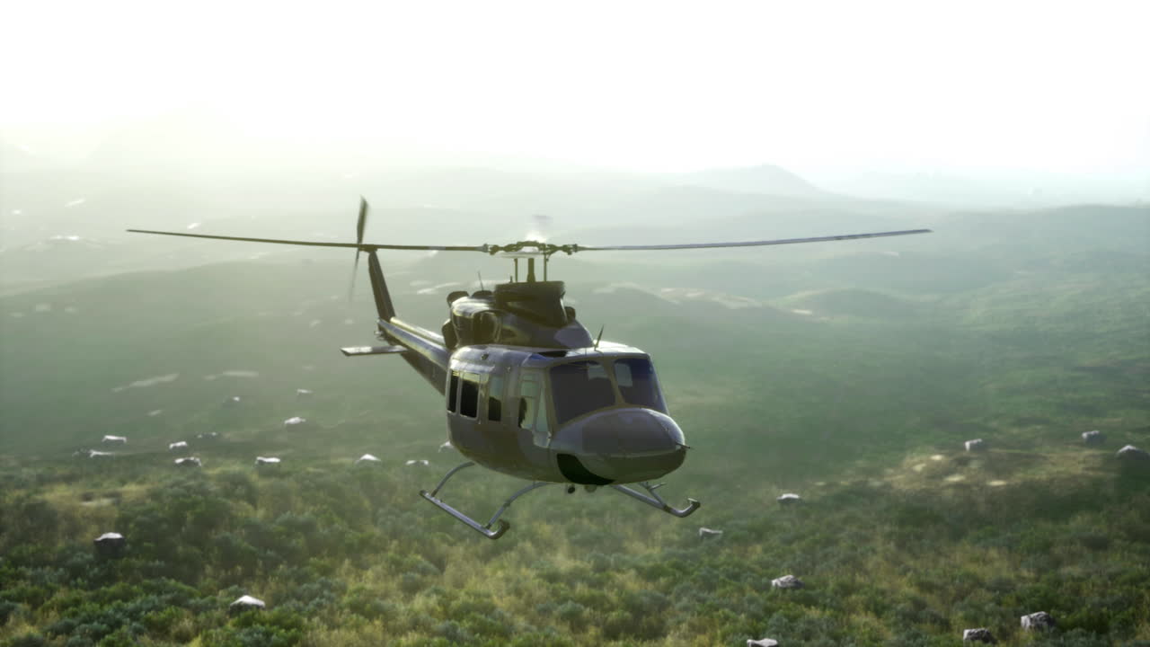 Helicopter soaring above a verdant landscape at golden hour in serene flight