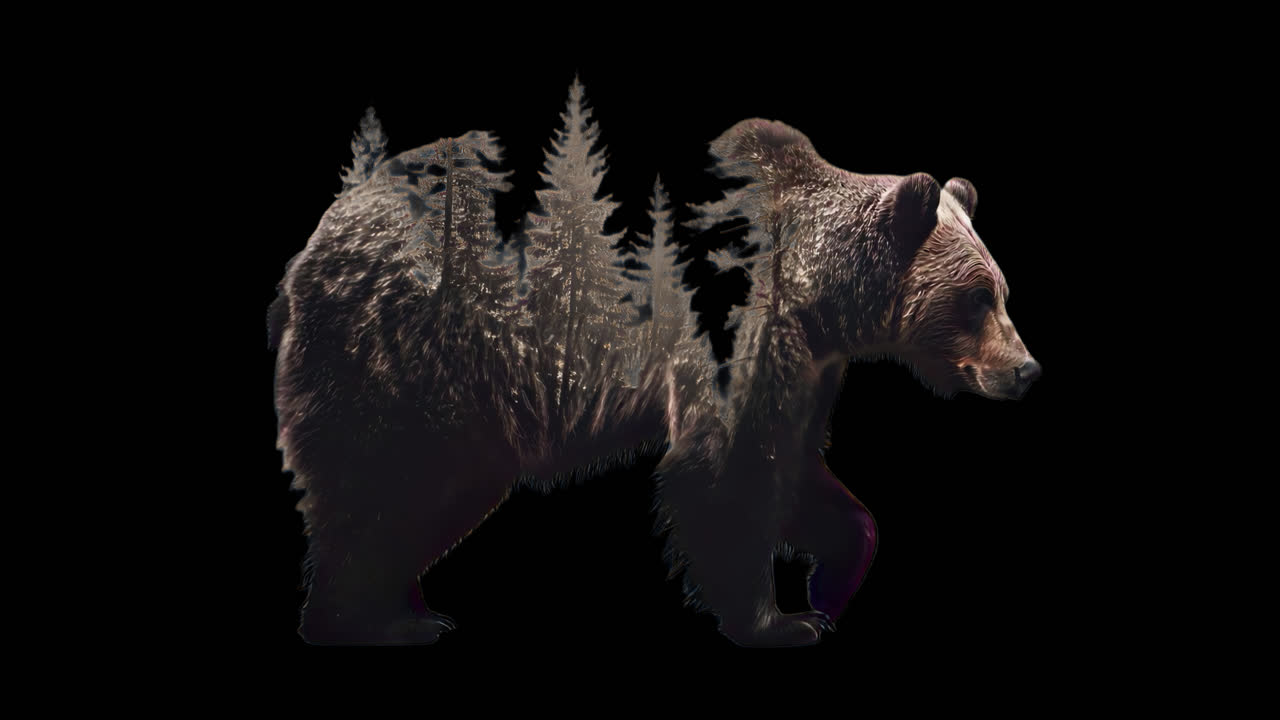 Bear forest double exposure art 4K video animation isolated asset, transparent 4K video, alpha