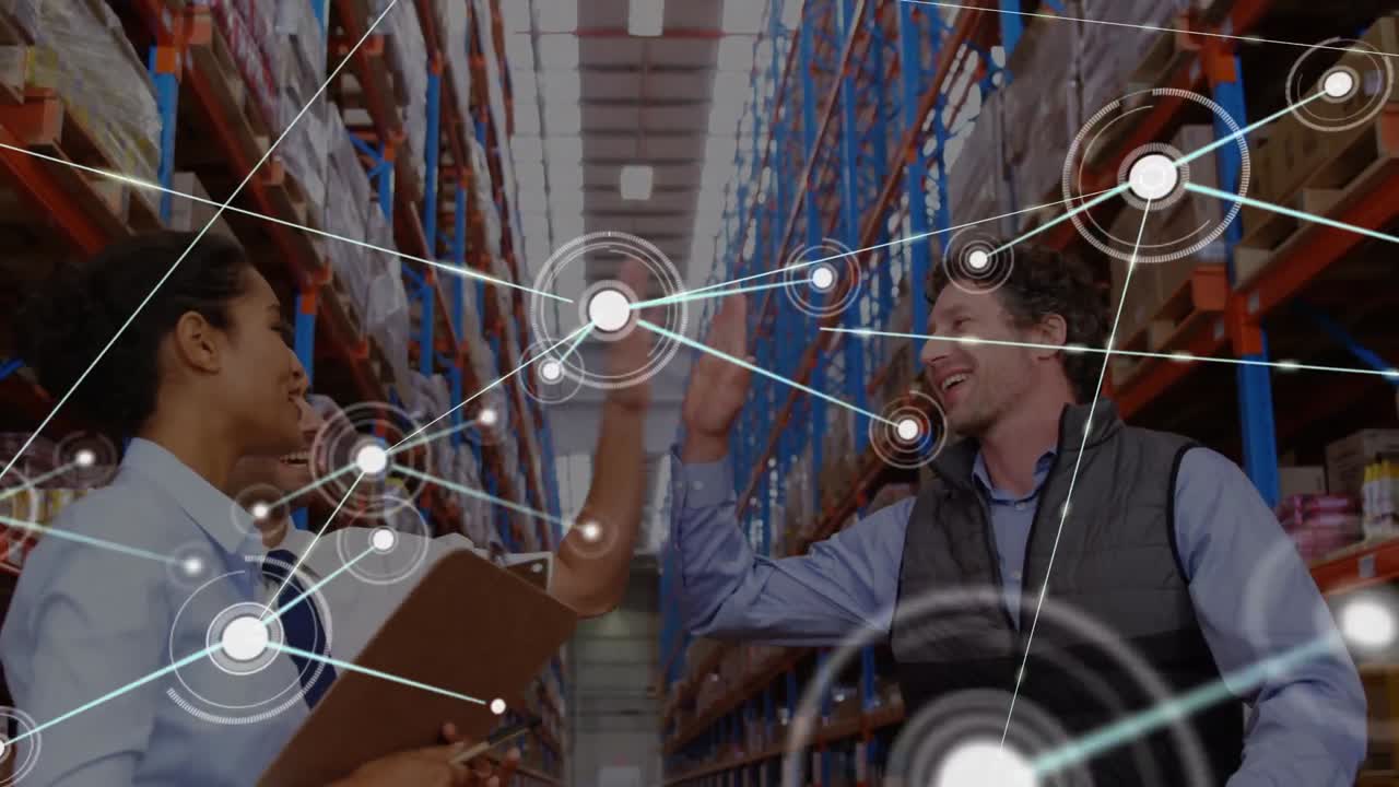 Animation of network of connections over diverse people in warehouse
