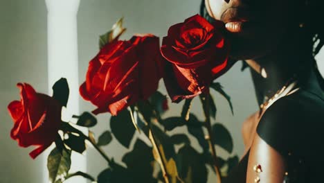 mujer con rosas rojas