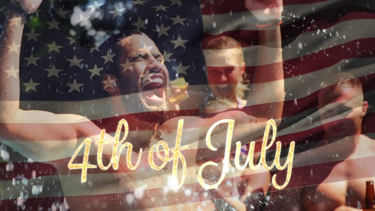 Group of friends in a pool and the American flag with a 4th of July text