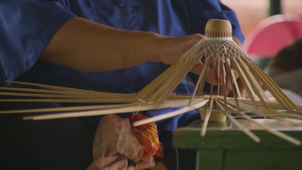 Making Bamboo Umbrella Frames At The Bo Sang Umbrella Village Near Chiang Mai, Thailand. Close-up Shot