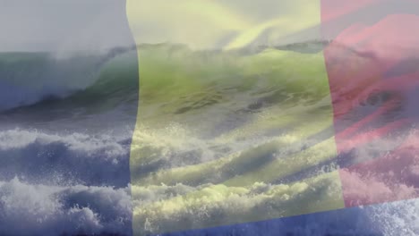 Animación-De-La-Bandera-De-Bélgica-Ondeando-Sobre-El-Paisaje-Marino-De-La-Playa.