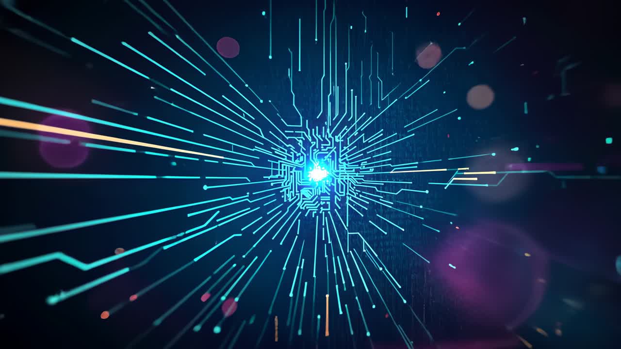 Nucleo blu pulsante che guida le linee del circuito verso l'esterno in rete per trasmettere dati tra particelle digitali