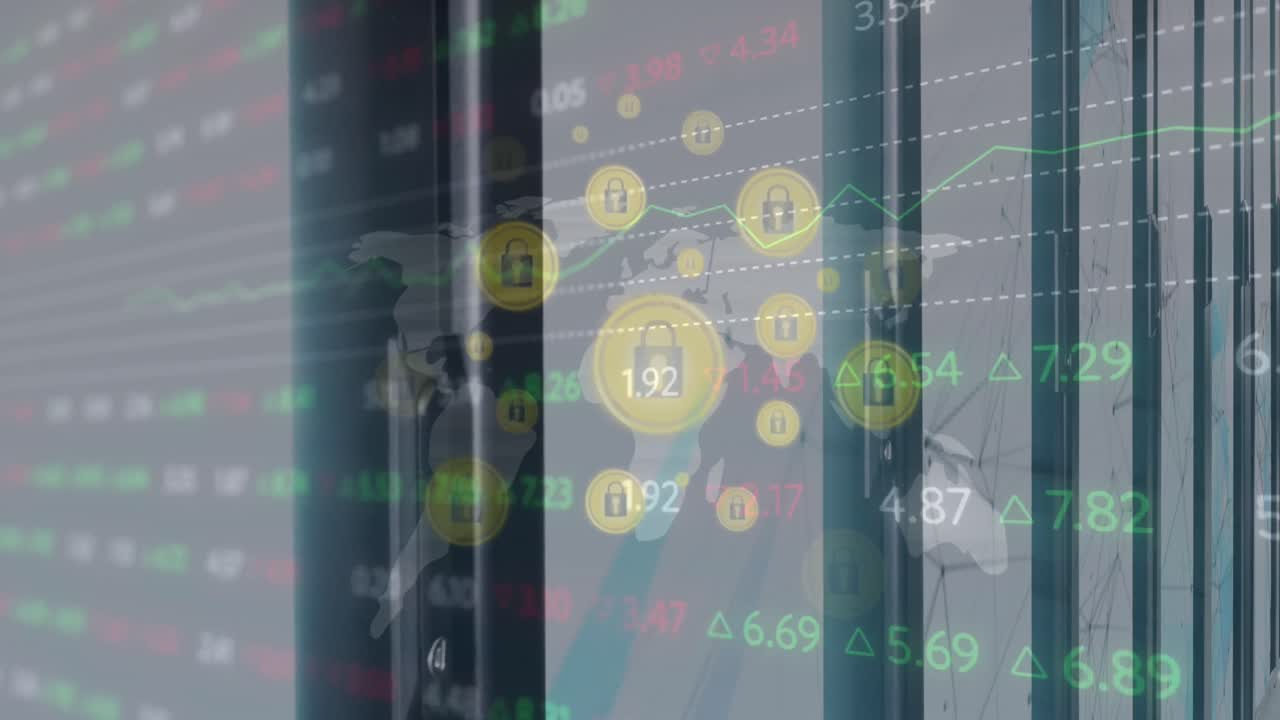 animación de datos financieros y mapa del mundo con iconos sobre los servidores