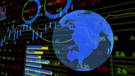 animation of lines with stock exchange financial data processing with globe