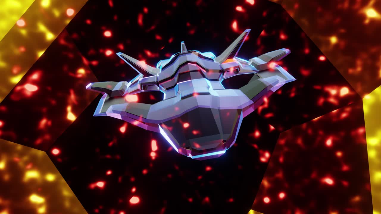 밝은 날아다니는 입자의 배경에 대한 우주선의 비행.