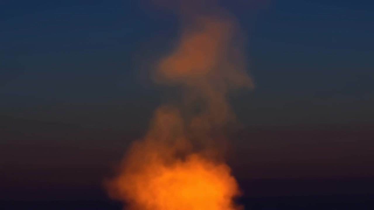 Explosion expanding fireball, in sky at dusk or dawn, with explosion, fire, from a aerial perspective perspective, with orange, blue accents, and dramatic and intense mood, clear detail.
