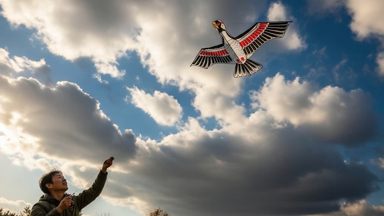 A Joyful Experience of Flying a Colorful Kite Set Against a Beautiful Sky, Capturing the Delight of a Child and the Grace of the Kite in Motion