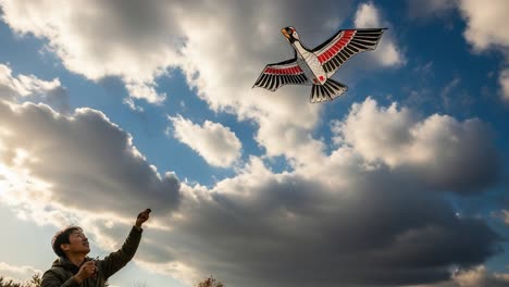 a joyful experience of flying a colorful kite set against a beautiful sky, capturing the delight of a child and the grace of the kite in motion