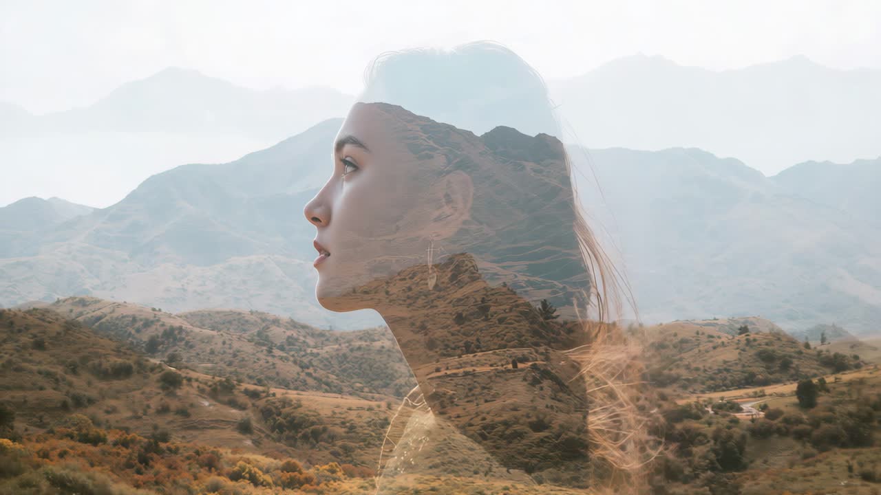 Woman and Mountain Landscape Double Exposure