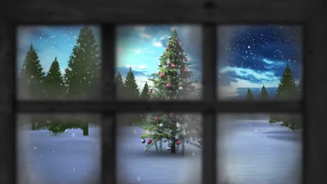 Animation-Von-Schnee,-Der-über-Den-Weihnachtsbaum-Fällt,-Und-Winterlandschaft,-Die-Durch-Das-Fenster-Gesehen-Wird