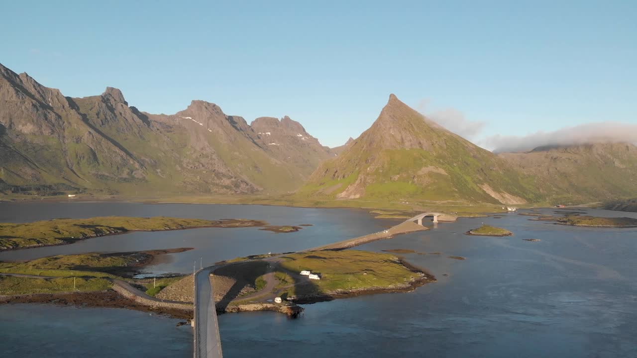 Fredvang Bridges connecting the small chain of islands in Lofoten Archipelago, Nordland, Norway - Wide aerial shot