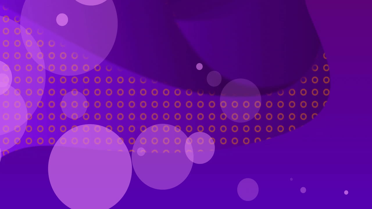 Purple bubbles and circles animation over abstract background with orange dots