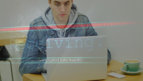 encrypted data transfer animation over person using laptop in cafe