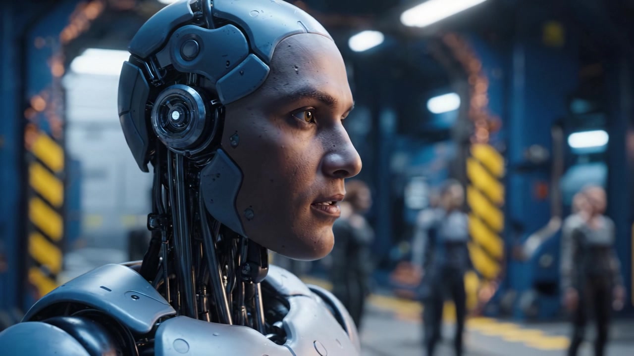 Robot umanoide futuristico con design intricato e tecnologia avanzata, ambientato in un ambiente ad alta tecnologia tra altre figure robotiche che mostrano innovazione e il potenziale dell'IA.