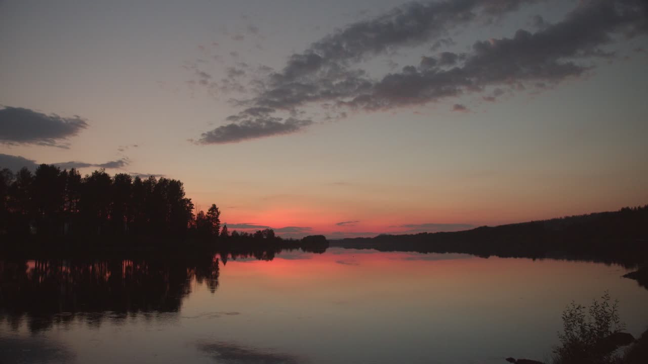 Wide Time Lapse shot of a beautiful sunset in Norway with a reflective lake in the front