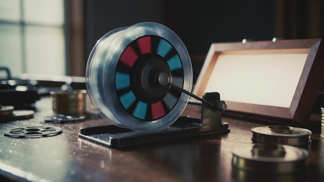 Sich drehende Farbscheibe, die auf einem Holztisch in der Nähe von Filmrollen beschleunigt und dann verlangsamt, Rot und Blau mischend
