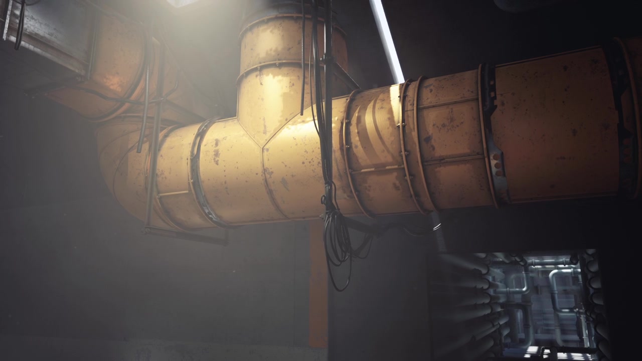 Industrial pipe system illuminated by lights in a dark environment
