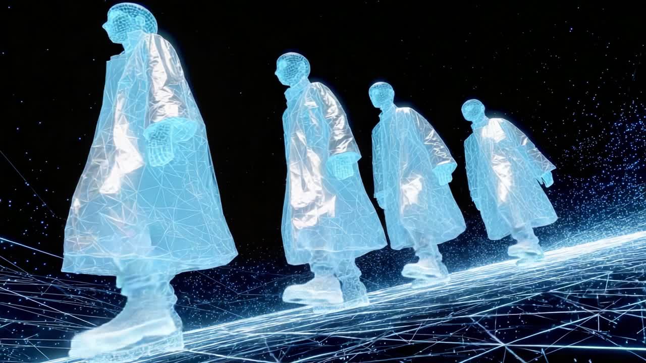 A mesmerizing visual journey depicting four holographic figures walking in unison, showcasing a blend of technology and artistry, creating a stunning futuristic atmosphere